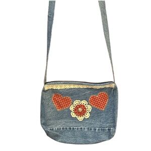Upcycled Denim Crossbody Bag Gingham Heart Applique Lace Trim Crazy Horse Jeans